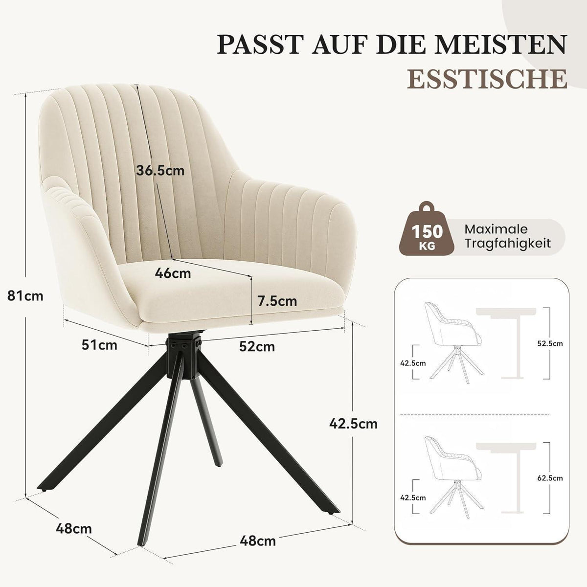 Esszimmerstuhl 360° drehbar mit Armlehne, Kordsamt Khaki/Schwarz