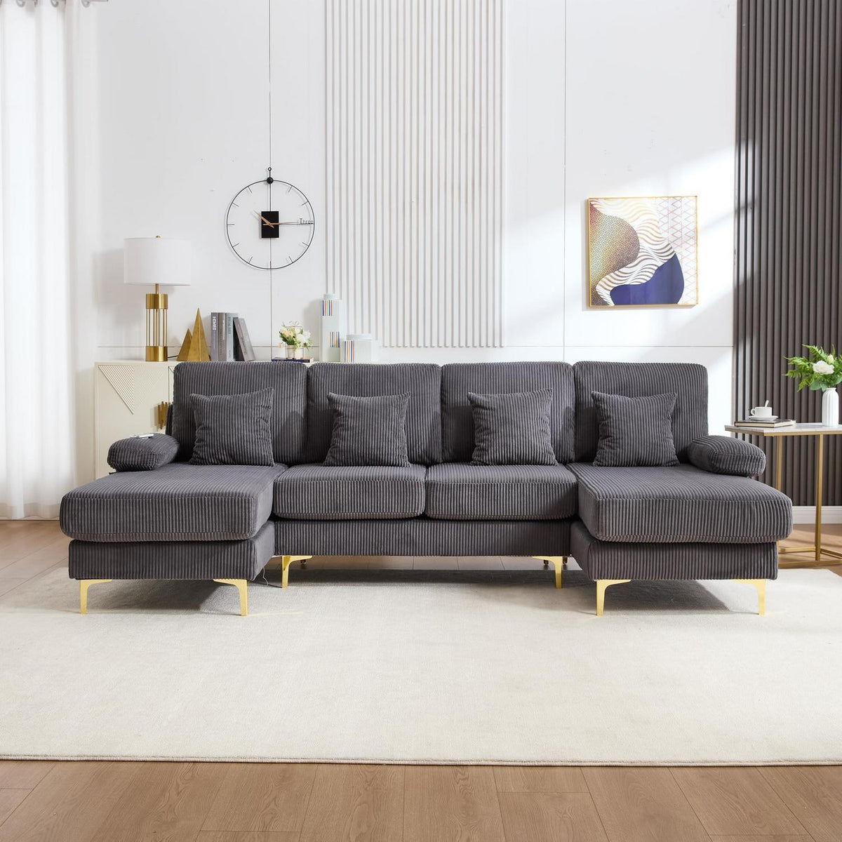 4-Sitzer Samt U-Sofa mit Massivholzrahmen (Grau)