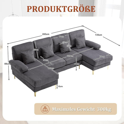 4-Sitzer Samt U-Sofa mit Massivholzrahmen (Grau)
