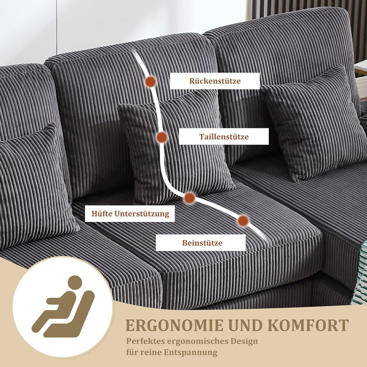 4-Sitzer Samt U-Sofa mit Massivholzrahmen (Grau)