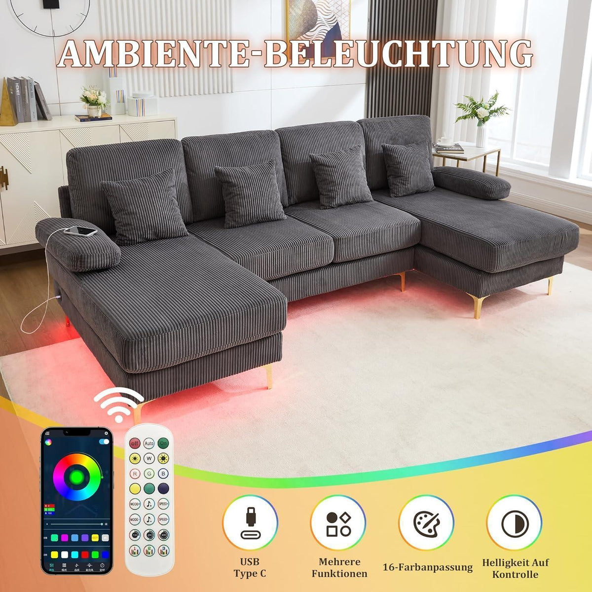 4-Sitzer Samt U-Sofa mit Massivholzrahmen (Grau)