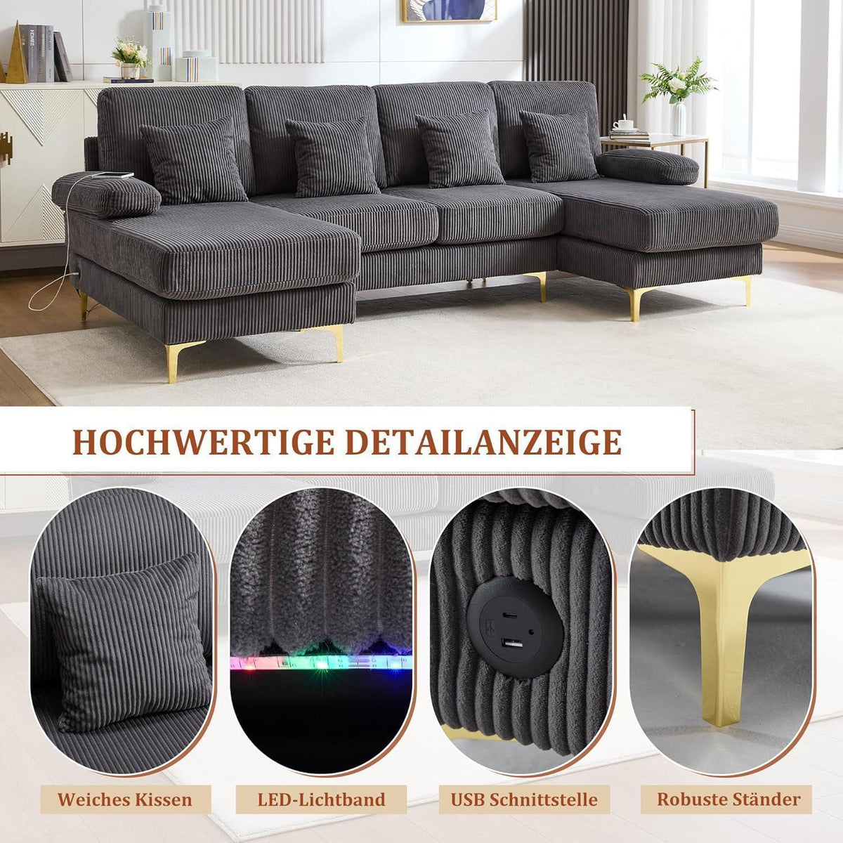 4-Sitzer Samt U-Sofa mit Massivholzrahmen (Grau)