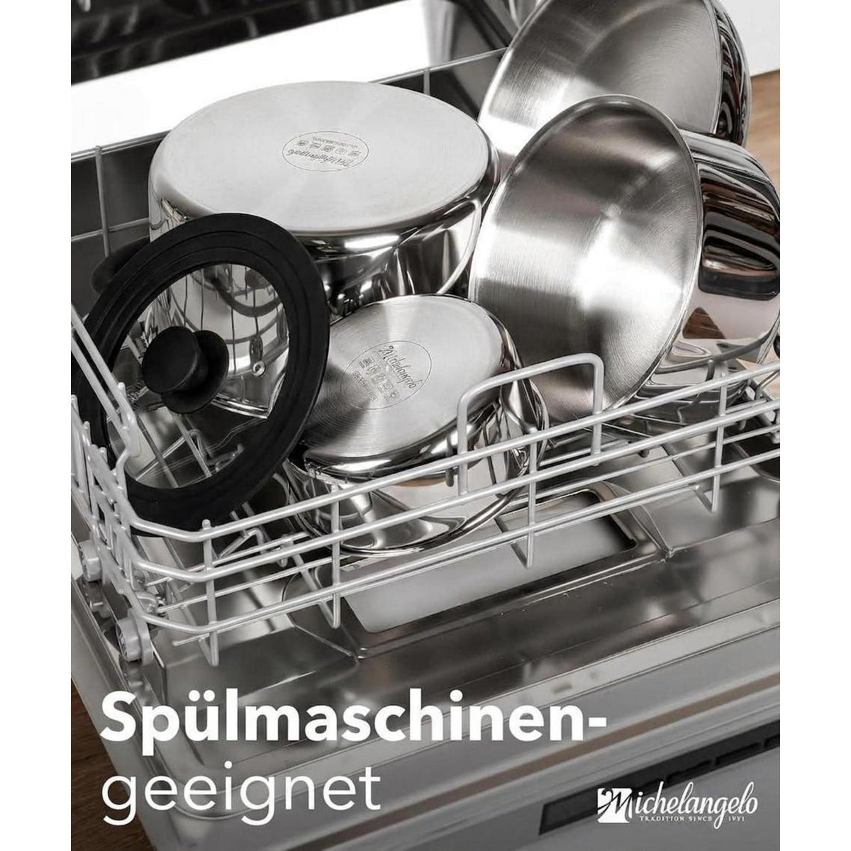 14-teiliges Edelstahl Topfset mit abnehmbaren Griffen