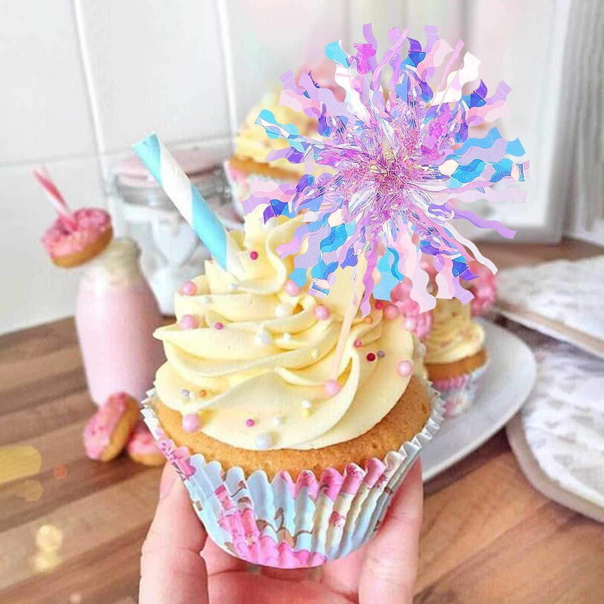 Feuerwerk Cupcake Toppers - 30 Stück Lila Partydeko