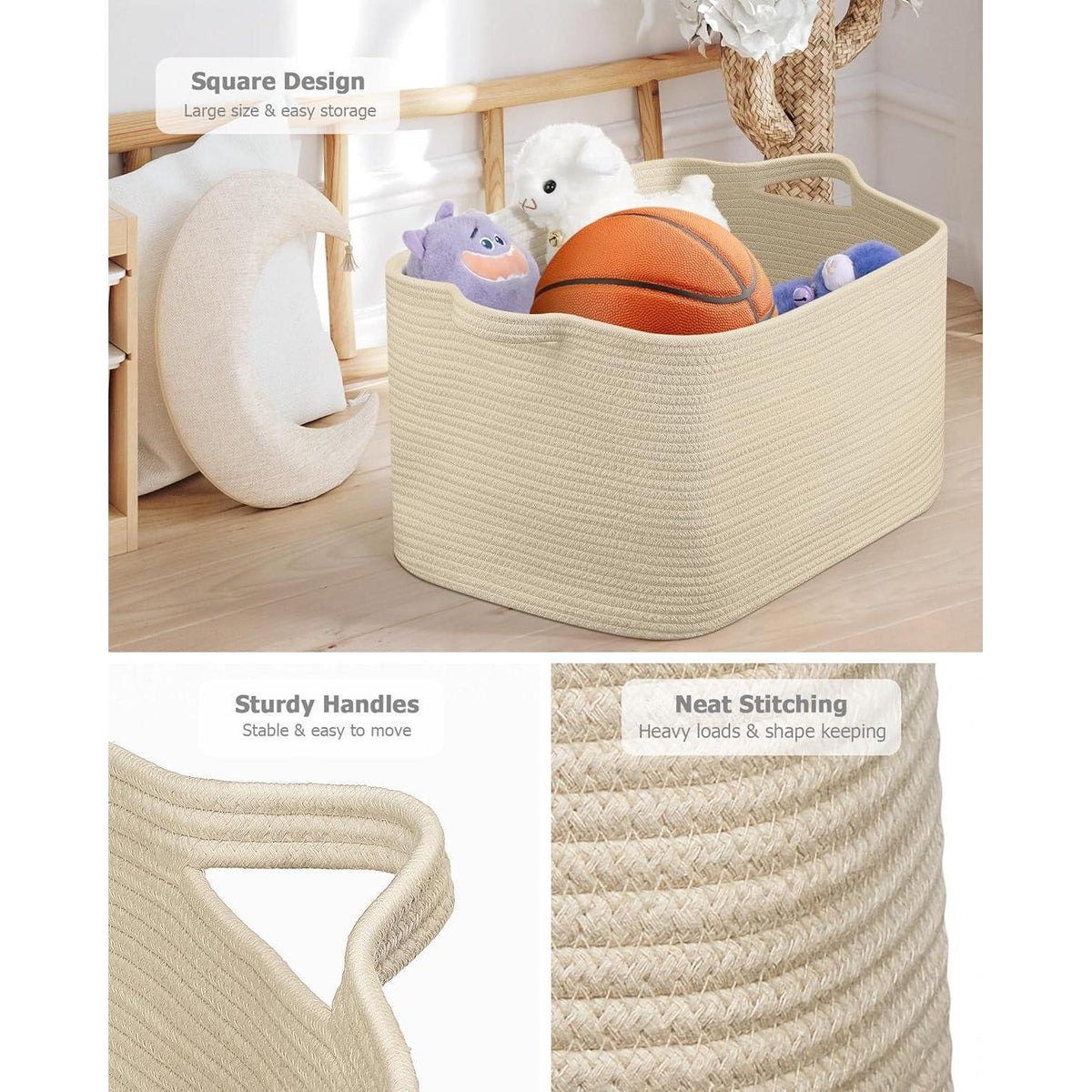 Faltbarer Wäschekorb 63L – Baumwolle, Geflochten, Beige