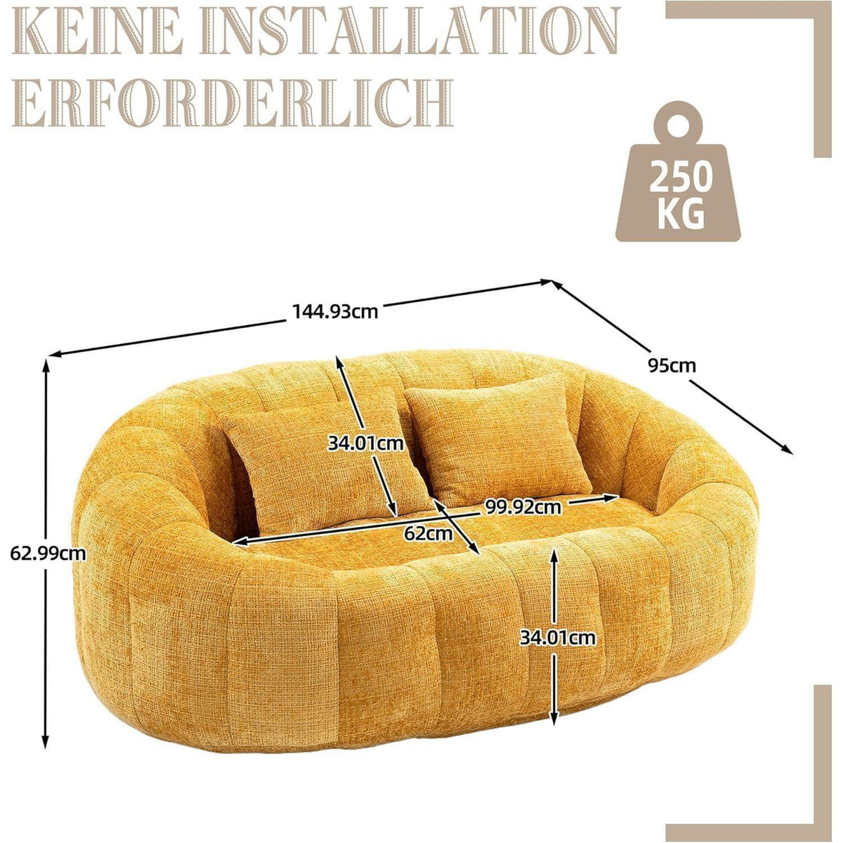 Zweisitzer Boneless Couch mit Memory Schaum – Gelb