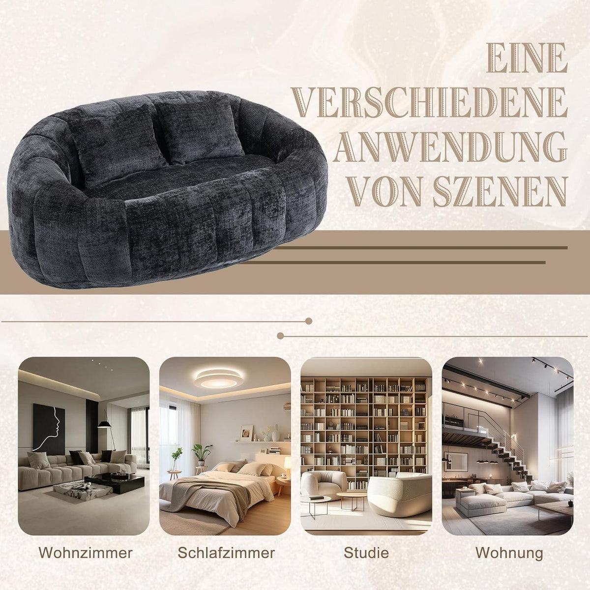 Zweisitzer Boneless Couch mit Memory Schaum – Schwarz