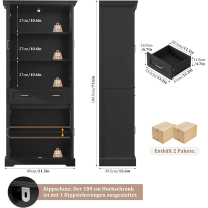 Hochschrank mit 4 Türen & Schublade – Küchenbuffet 180cm Schwarz