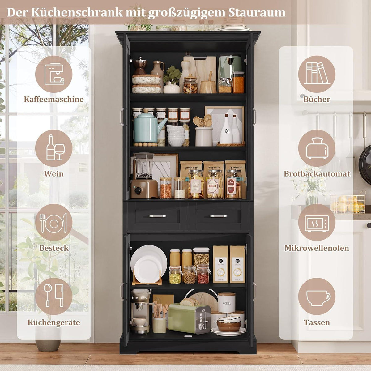 Hochschrank mit 4 Türen & Schublade – Küchenbuffet 180cm Schwarz