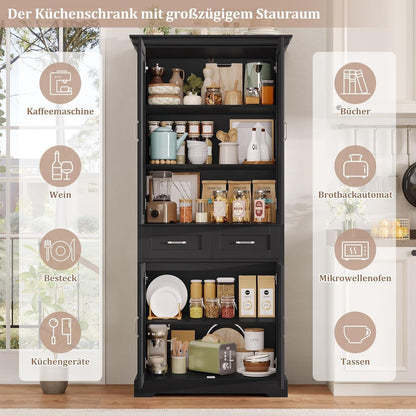Hochschrank mit 4 Türen & Schublade – Küchenbuffet 180cm Schwarz