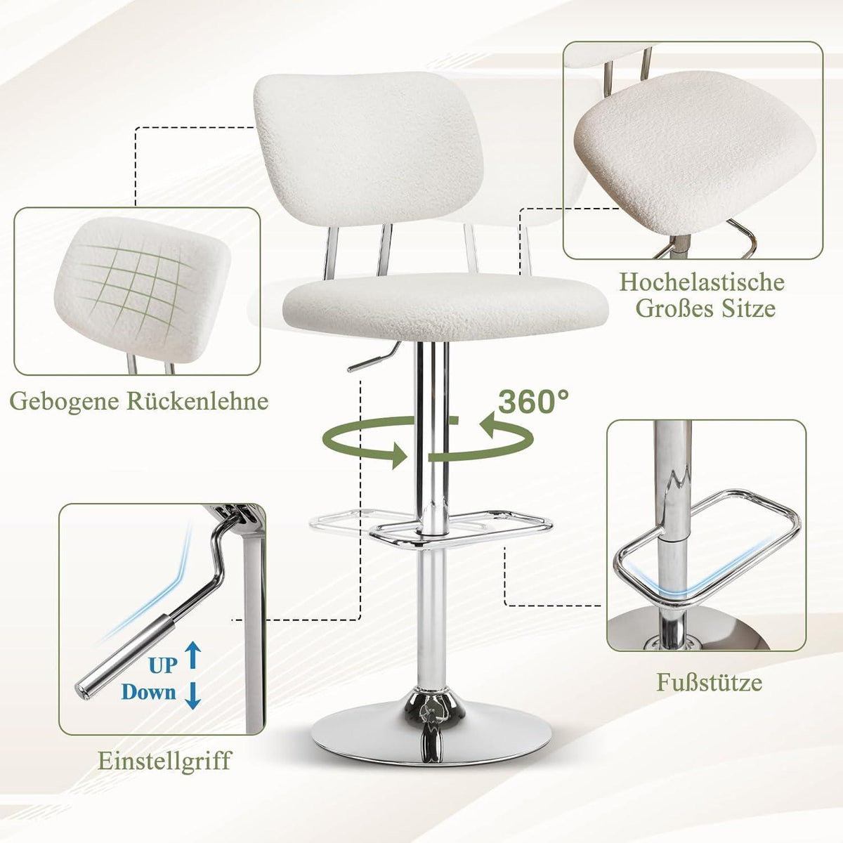 Barhocker Set 2 Grau, Höhenverstellbar & 360° Drehbar