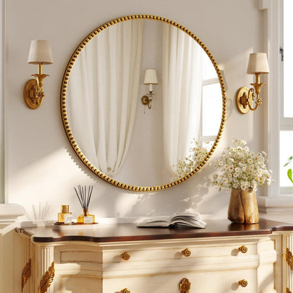 Runder Wandspiegel 70cm Gold – Retro Badezimmer Spiegel mit PU Perlenrahmen