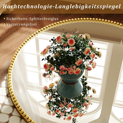 Runder Wandspiegel 70cm Gold – Retro Badezimmer Spiegel mit PU Perlenrahmen