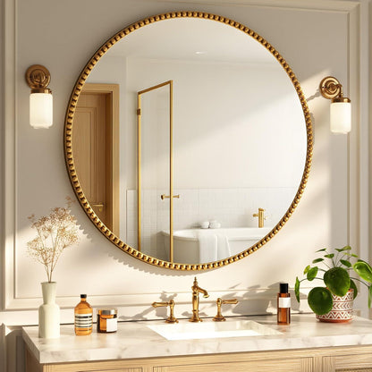Runder Wandspiegel 70cm Gold – Retro Badezimmer Spiegel mit PU Perlenrahmen