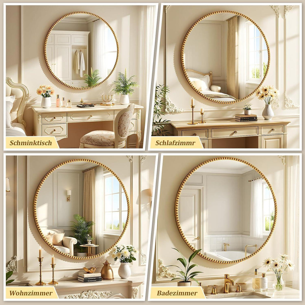 Runder Wandspiegel 70cm Gold – Retro Badezimmer Spiegel mit PU Perlenrahmen