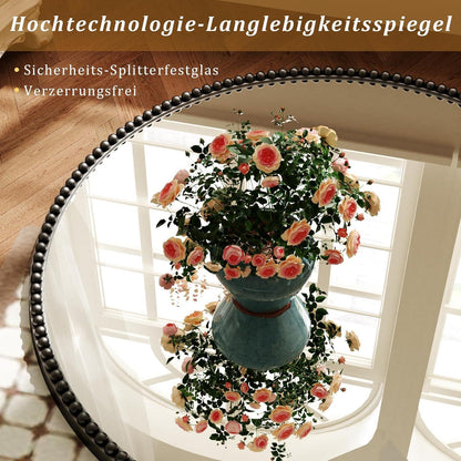 Runder Wandspiegel 80cm PU Perlenrahmen Schwarz – Retro Deko Spiegel