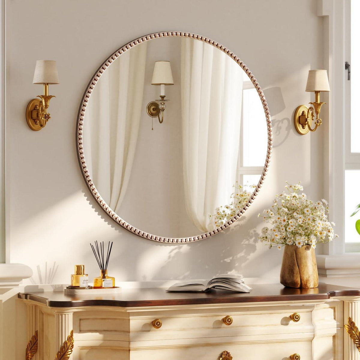 Runder Wandspiegel 70cm mit PU-Perlenrahmen in Silber – Retro Design