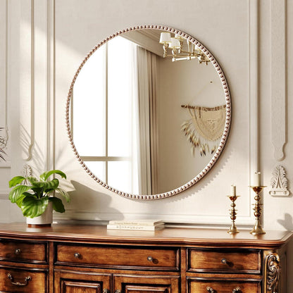 Runder Wandspiegel 70cm mit PU-Perlenrahmen in Silber – Retro Design