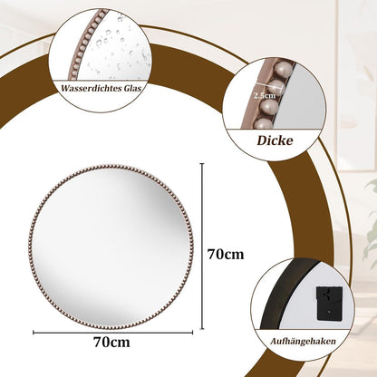 Runder Wandspiegel 70cm mit PU-Perlenrahmen in Silber – Retro Design