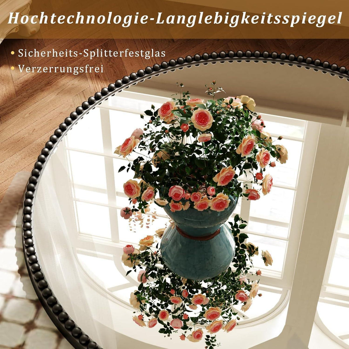 Runder Wandspiegel 70cm PU Perlenrahmen Schwarz – Retro Deko Spiegel