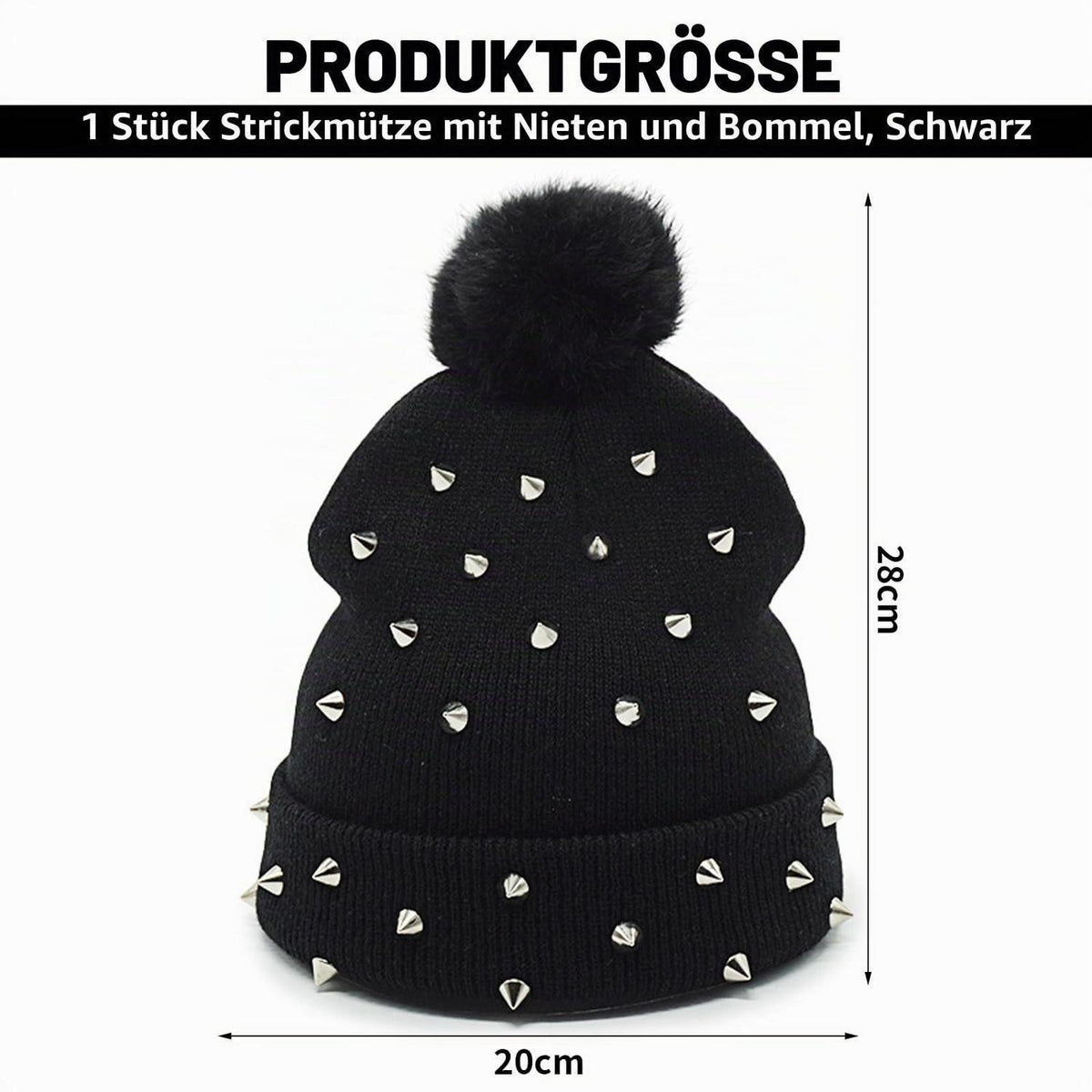 Strickmütze Punk Nieten mit Wollbommel Grunge Y2K