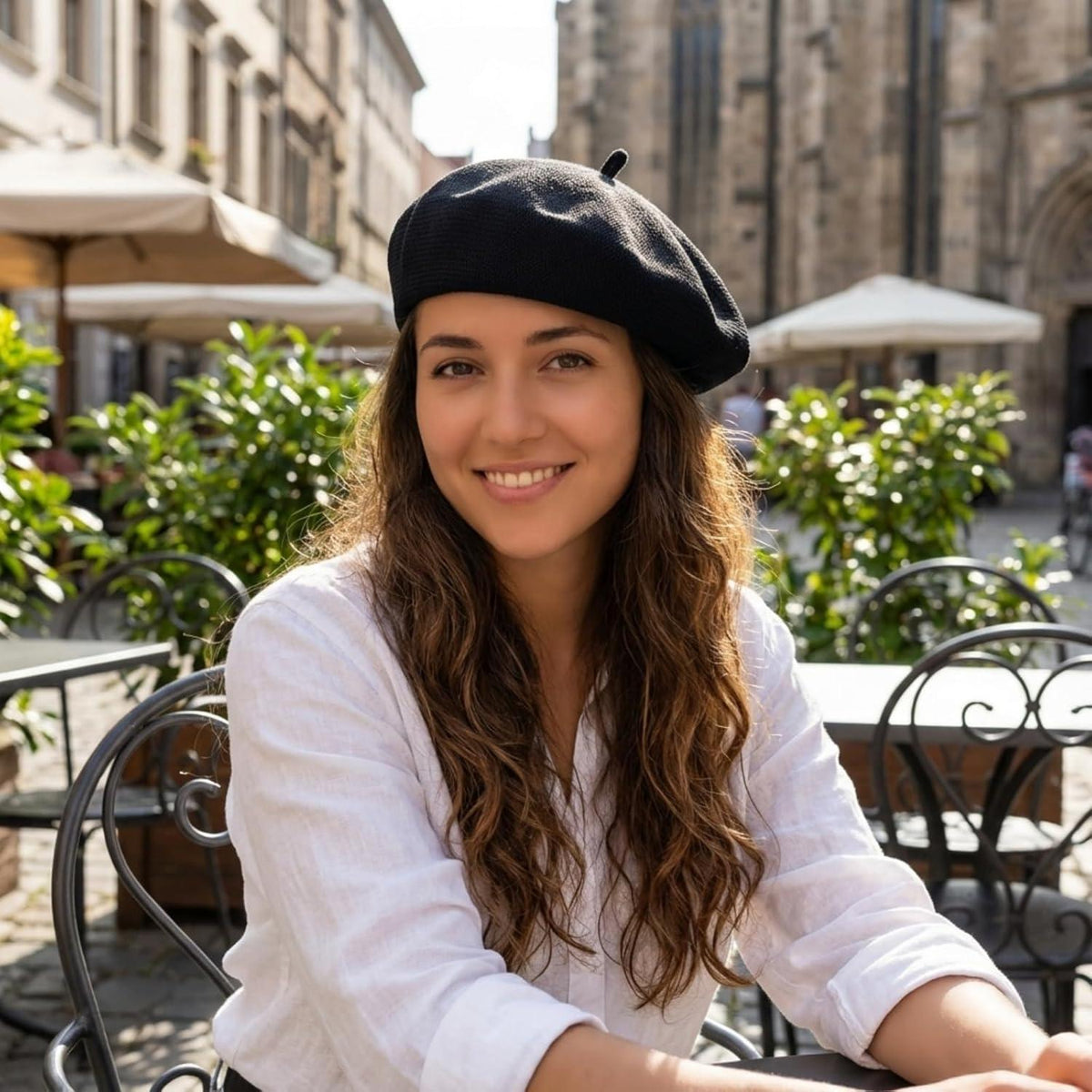 Damen Baskenmütze Sommer - Leichte Baumwoll Beanie Cap Schwarz