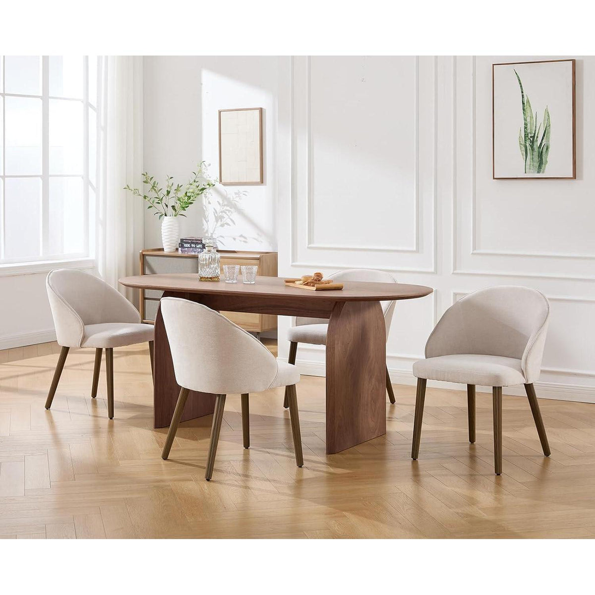 Esszimmerstühle 2er Set, Chenille Polsterstuhl mit Holzbeinen, Beige