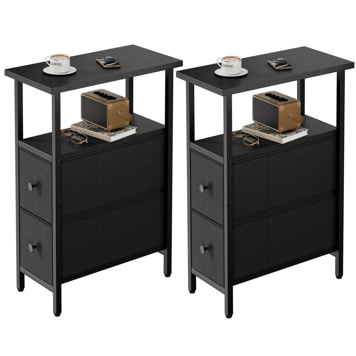 Schmaler Beistelltisch-Set 2x | Nachttisch mit Schubladen & Regal