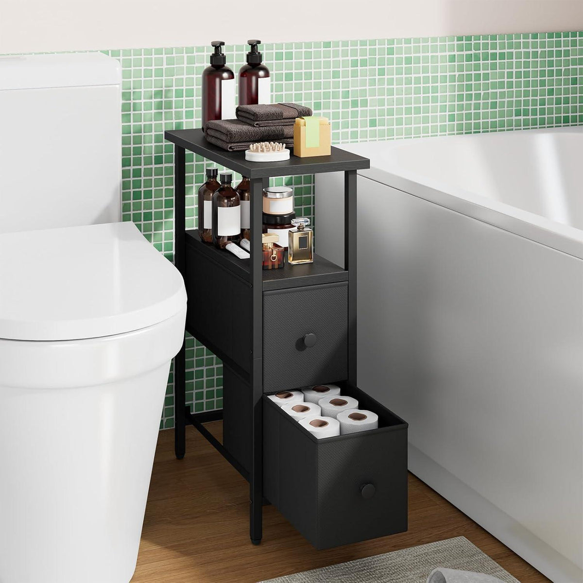 Schmaler Beistelltisch-Set 2x | Nachttisch mit Schubladen & Regal