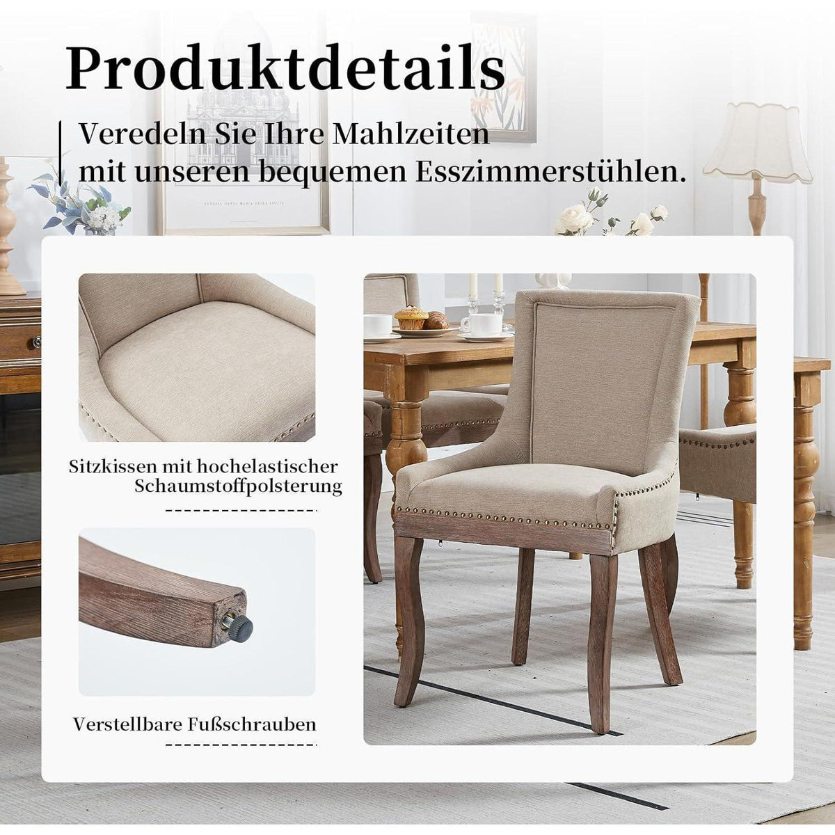 Bequeme Esszimmerstühle 2er-Set mit Stoffbezug & Ziernägeln