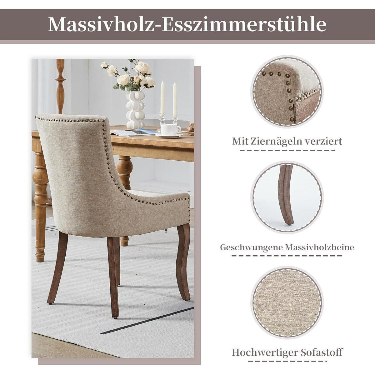 Bequeme Esszimmerstühle 2er-Set mit Stoffbezug & Ziernägeln
