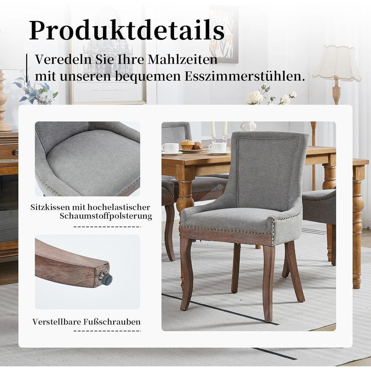 Esszimmerstuhl Set 6er Grau, Polsterstuhl mit Holzbeinen