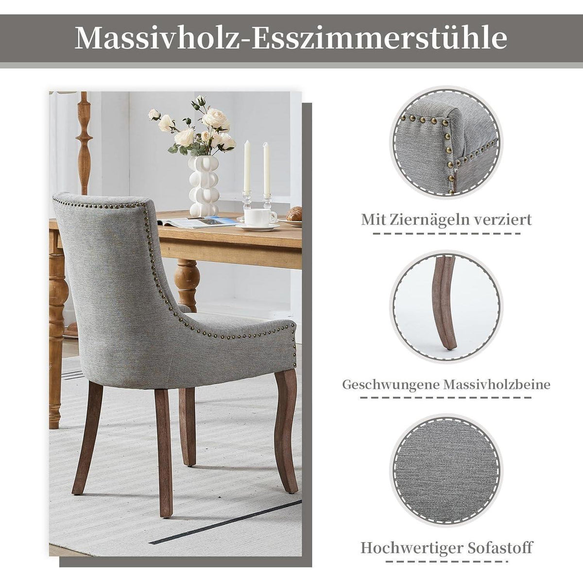 Esszimmerstuhl Set 6er Grau, Polsterstuhl mit Holzbeinen