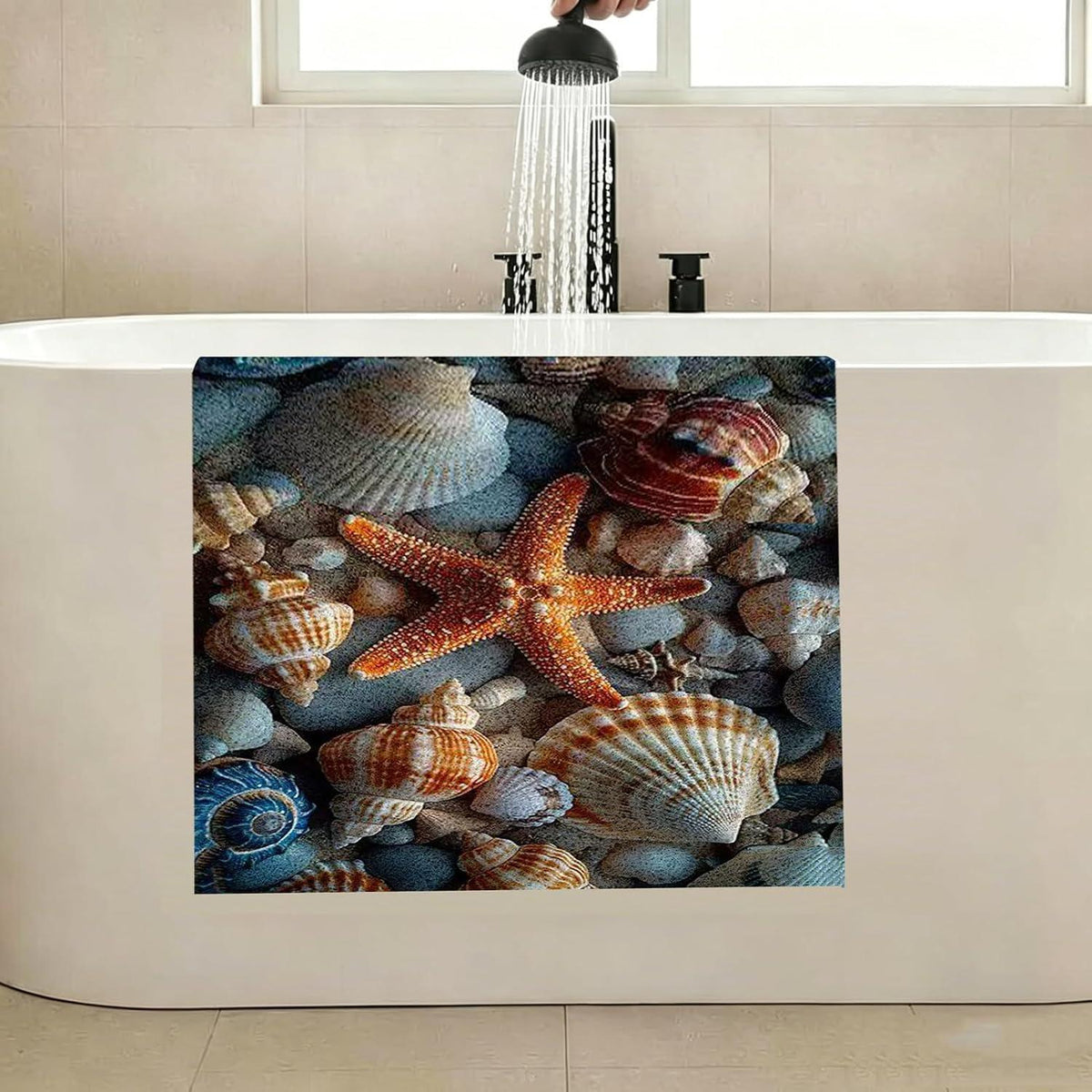 Rutschmatte Dusche 140x140cm – Seestern-Muster, Rutschfest & Ablaufloch