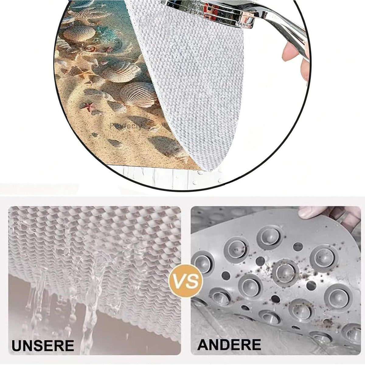 Rutschfeste Duschmatte 60x60 cm mit Muschelmuster & Ablaufloch
