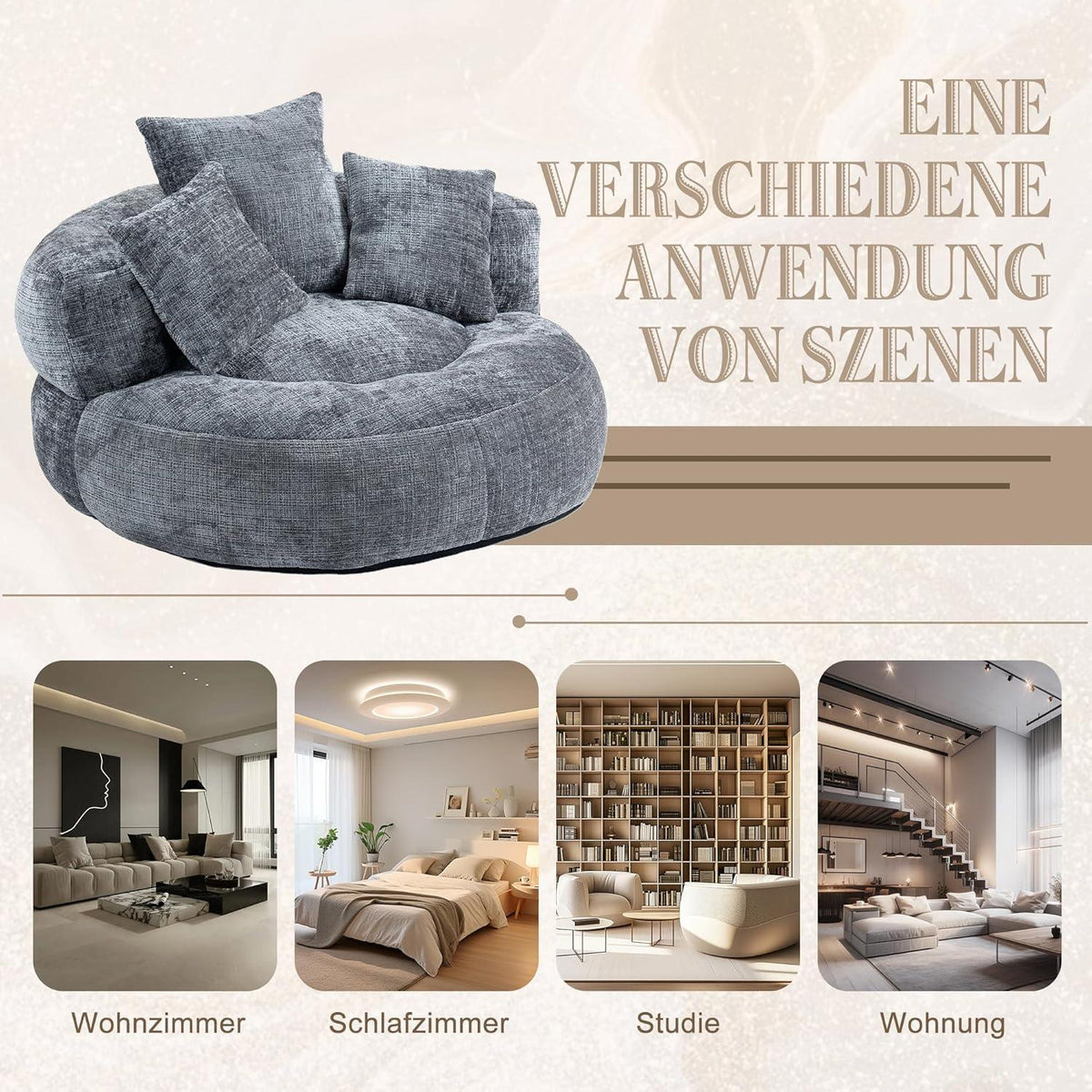 Lazy Sitzsack Sofa mit 3 Kissen – Grau