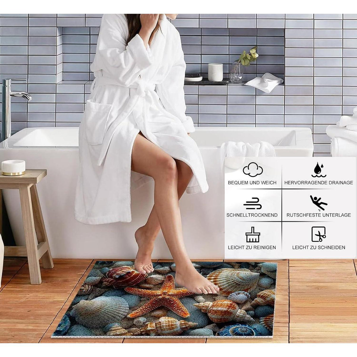 Rutschmatte Dusche 120x150cm – Seestern-Muster, Rutschfest & Ablaufloch