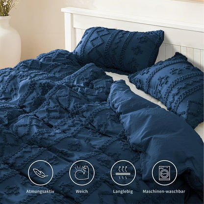 Getuftete Bettwäsche 220x240cm Blau – Boho Vintage Bettbezug Set