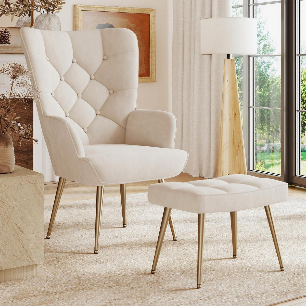 Loungesessel mit Hocker – Modernes Samt-Wohnzimmer Sofa Creme