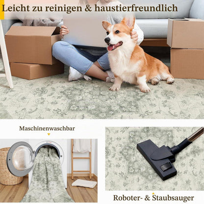 Vintage Grün Teppich 160x230cm Waschbar Rechteckig