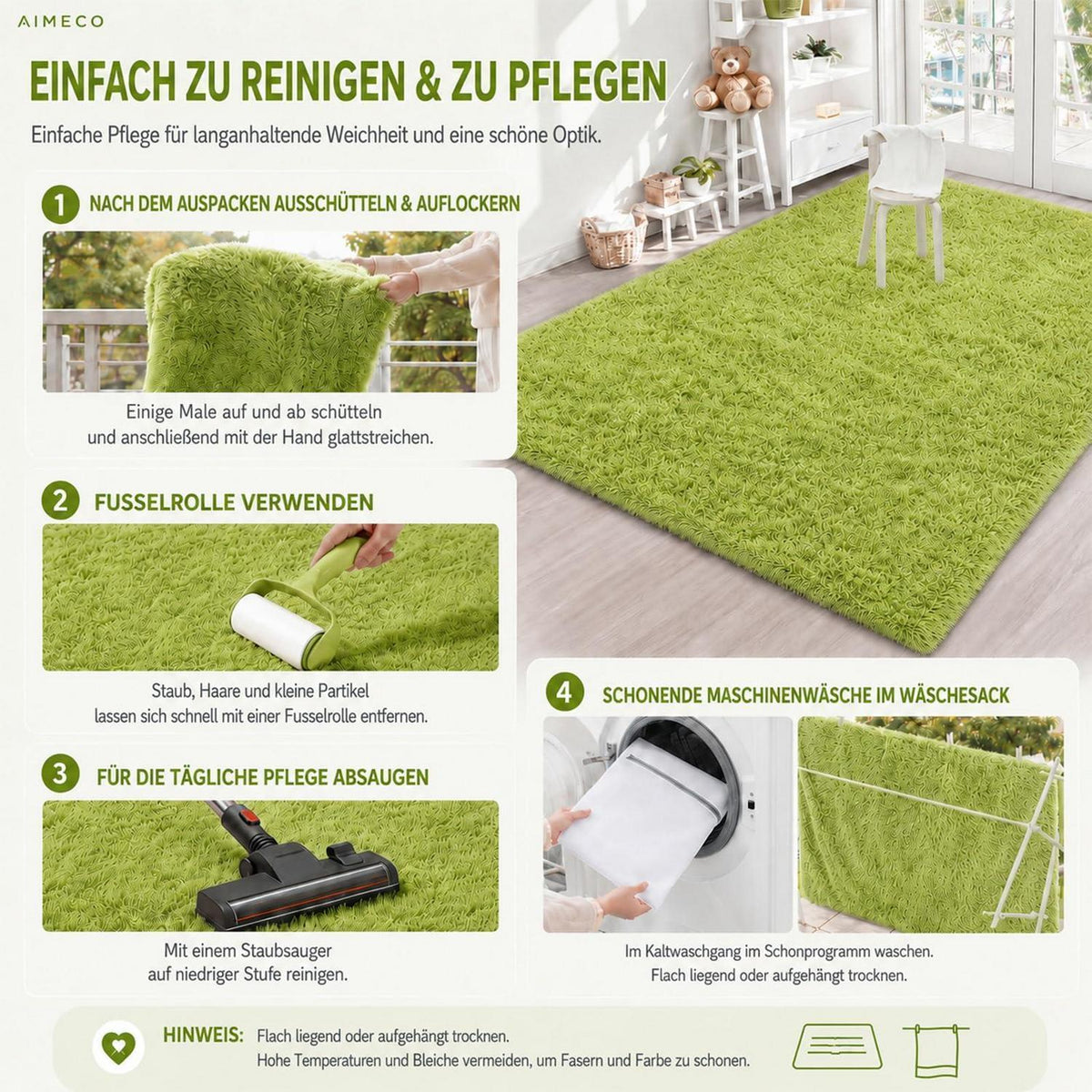 Flauschiger Hochflor Teppich 160x200cm - Grün, Skandinavisch