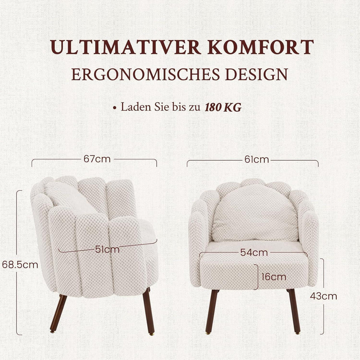 Gepolsterter Muschelsessel mit Blütenblatt-Rückenlehne, Beige, 2er-Set