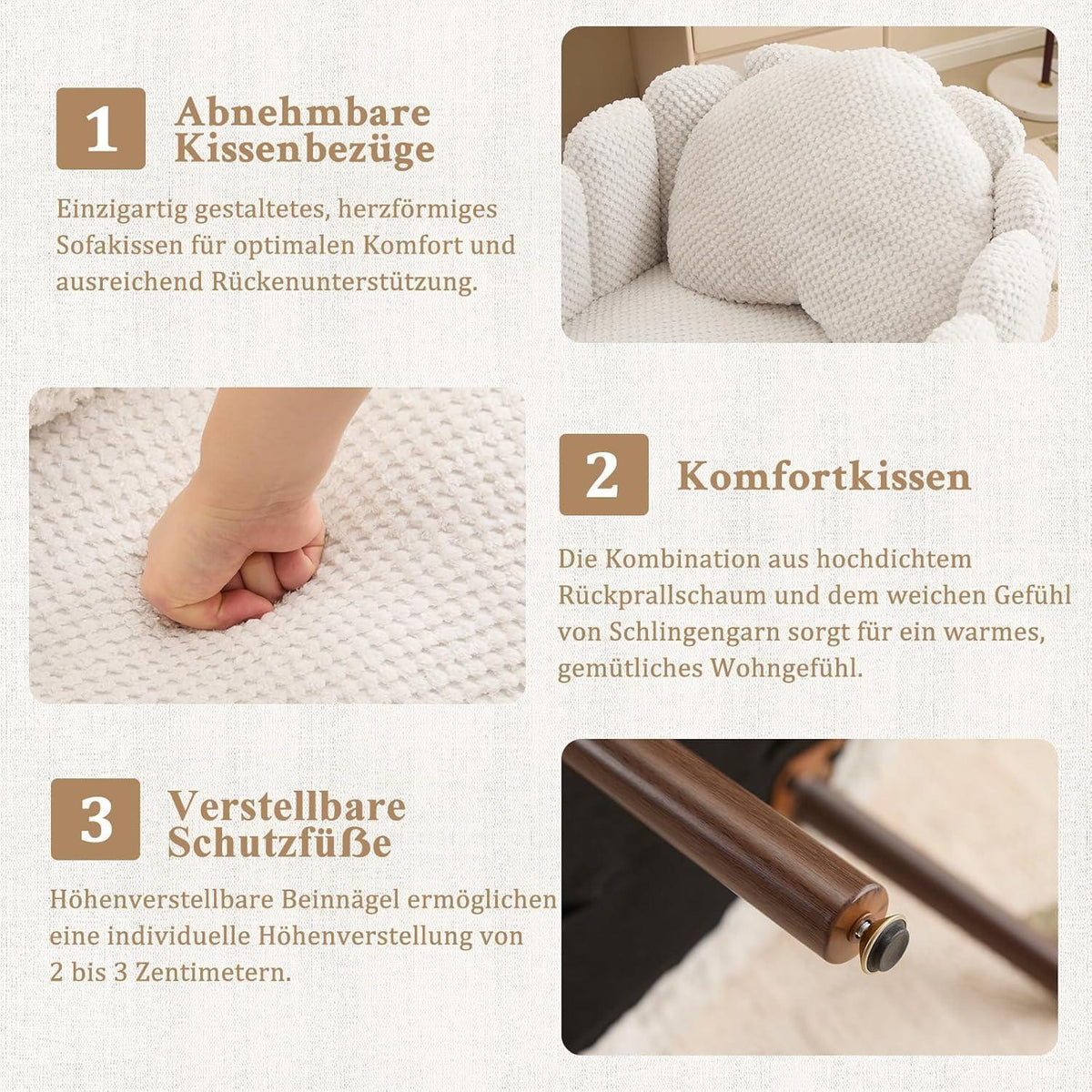 Gepolsterter Muschelsessel mit Blütenblatt-Rückenlehne, Beige, 2er-Set