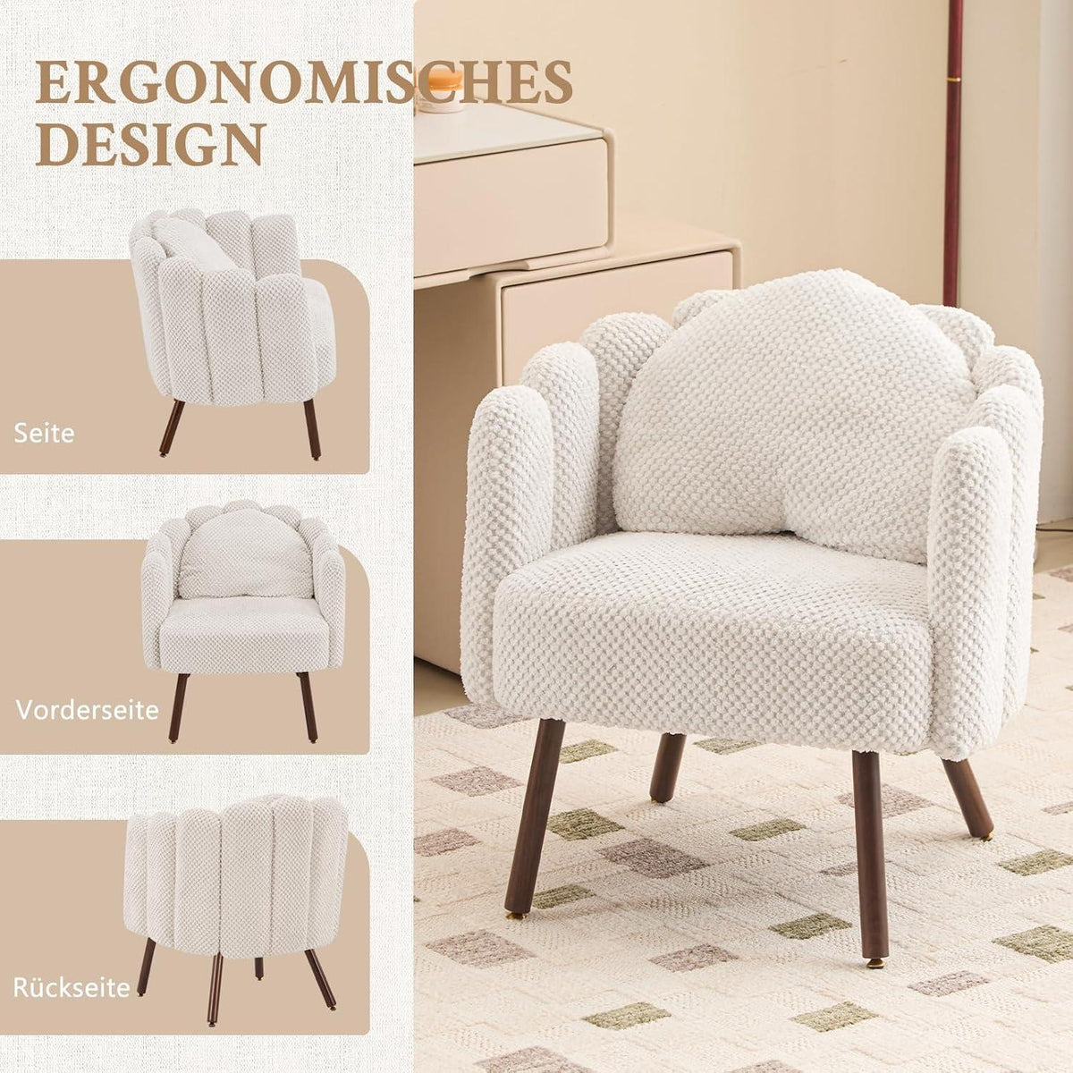 Gepolsterter Muschelsessel mit Blütenblatt-Rückenlehne, Beige, 2er-Set