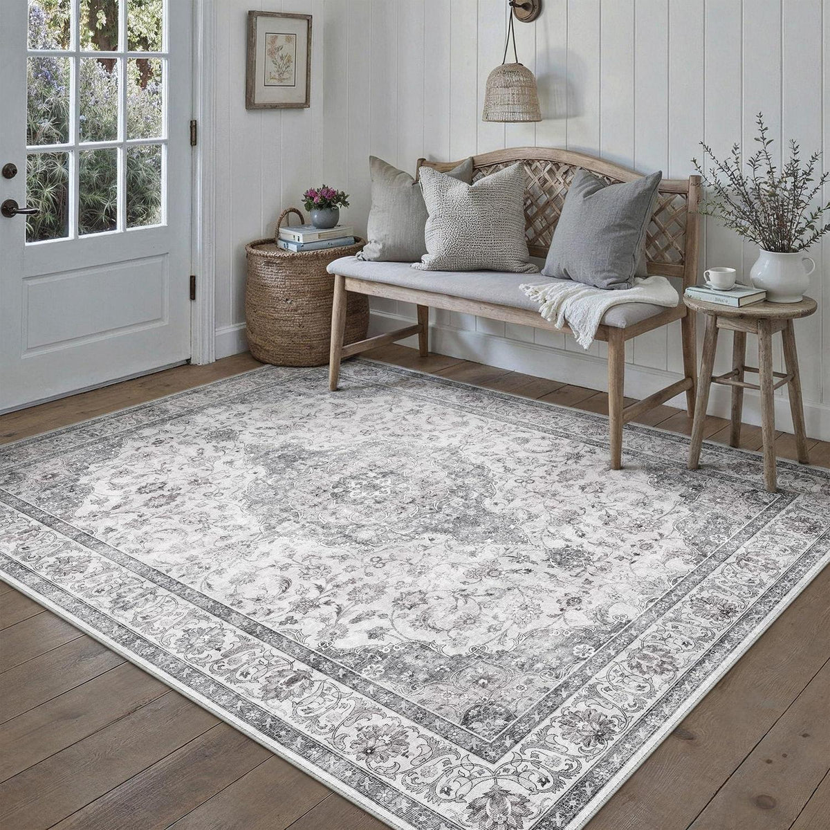 Grauer Vintage Teppich 160x230cm – Waschbar & Rutschfest