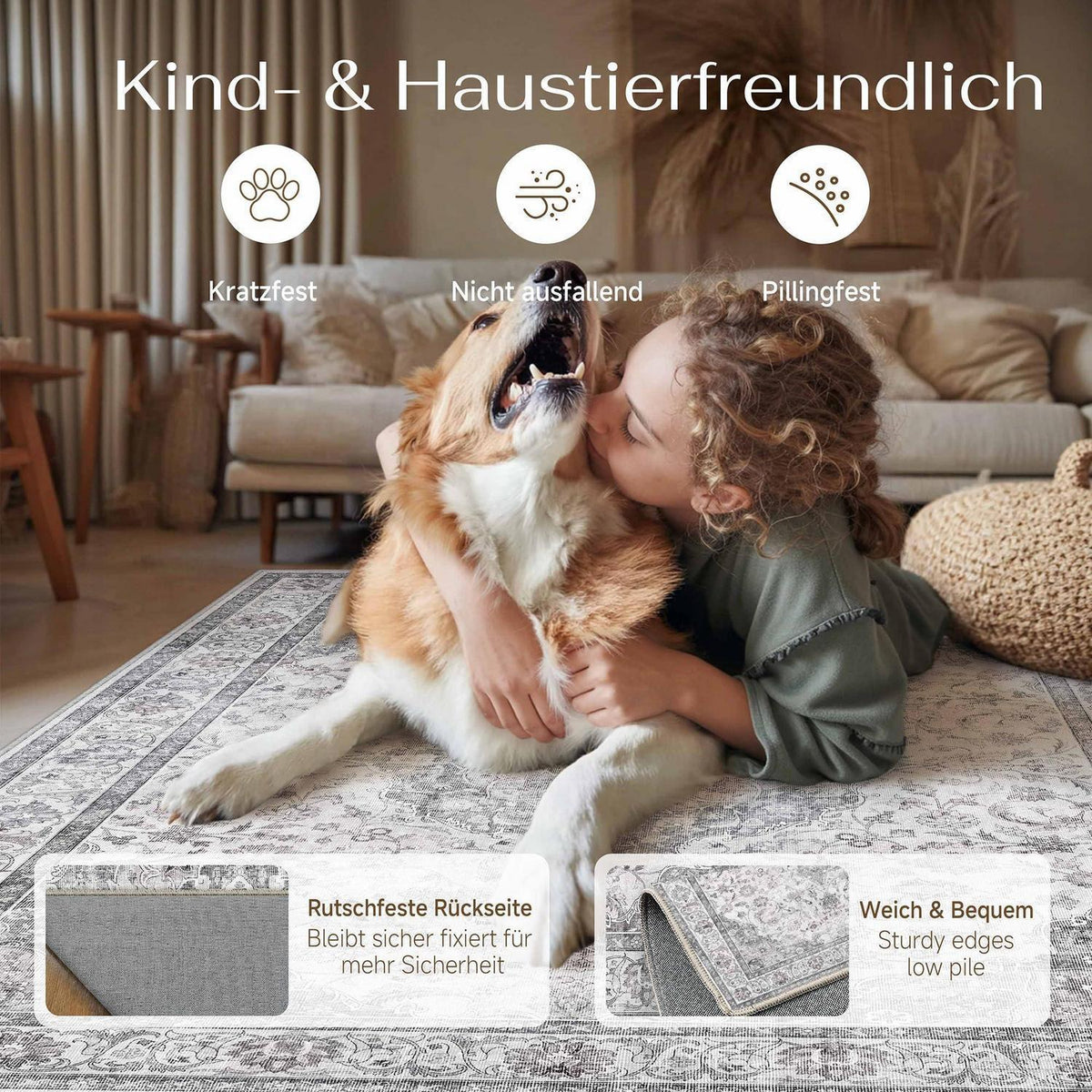 Grauer Vintage Teppich 160x230cm – Waschbar & Rutschfest