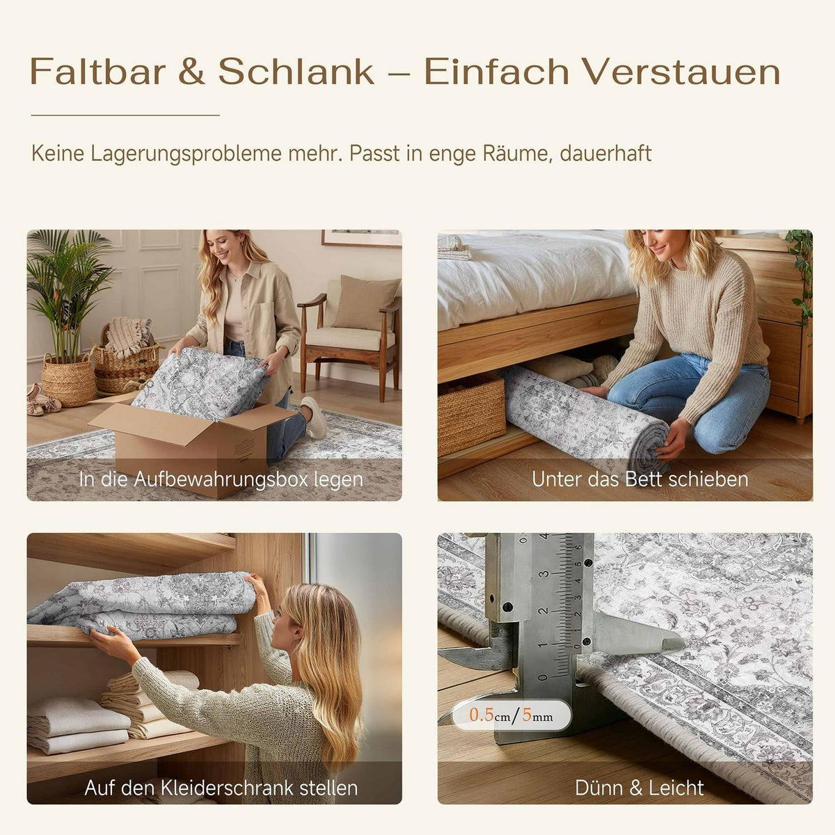 Grauer Vintage Teppich 160x230cm – Waschbar & Rutschfest