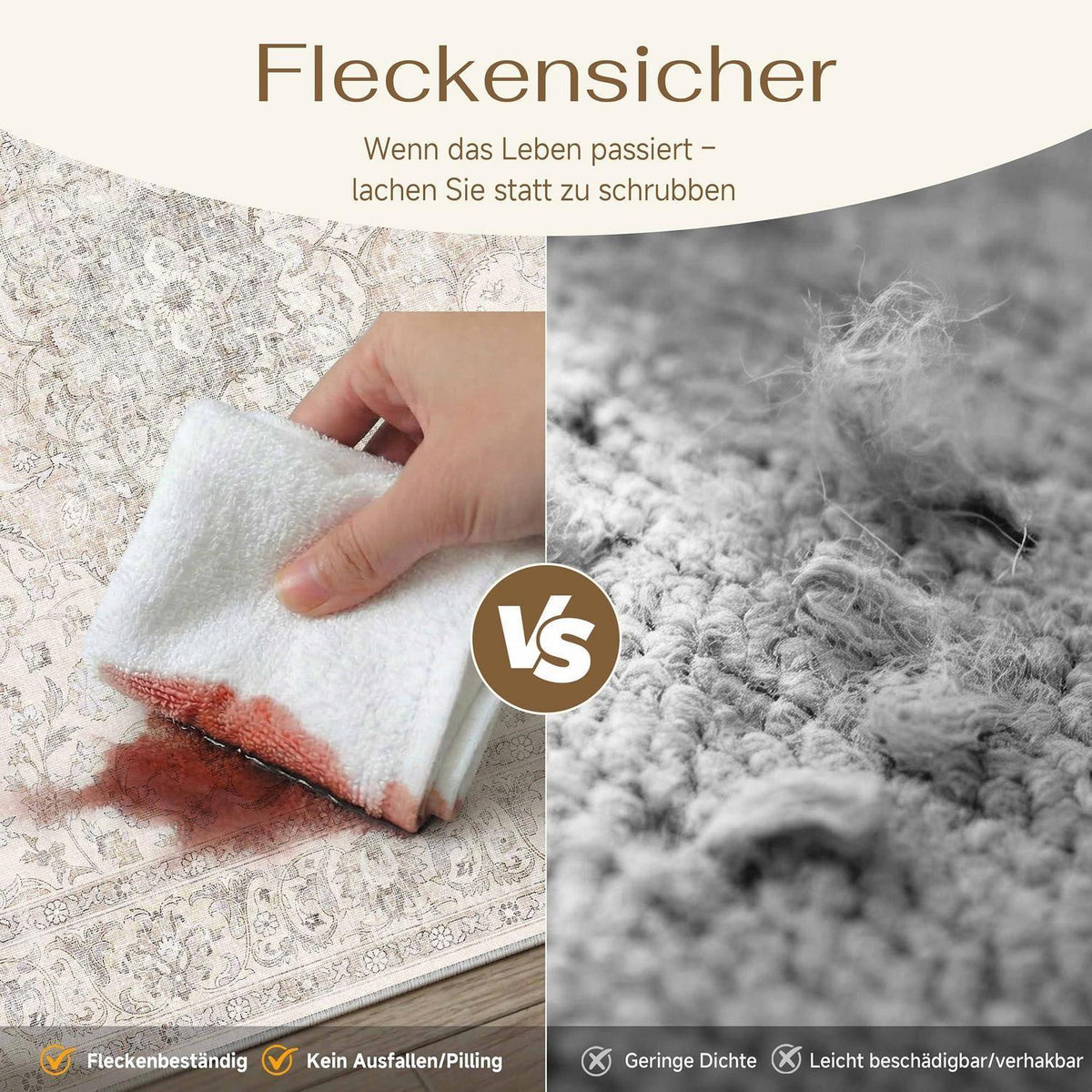 Waschbarer Beige Teppich Vintage 160x230cm – Wohnzimmer Kurzflor