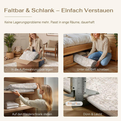 Waschbarer Beige Teppich Vintage 160x230cm – Wohnzimmer Kurzflor