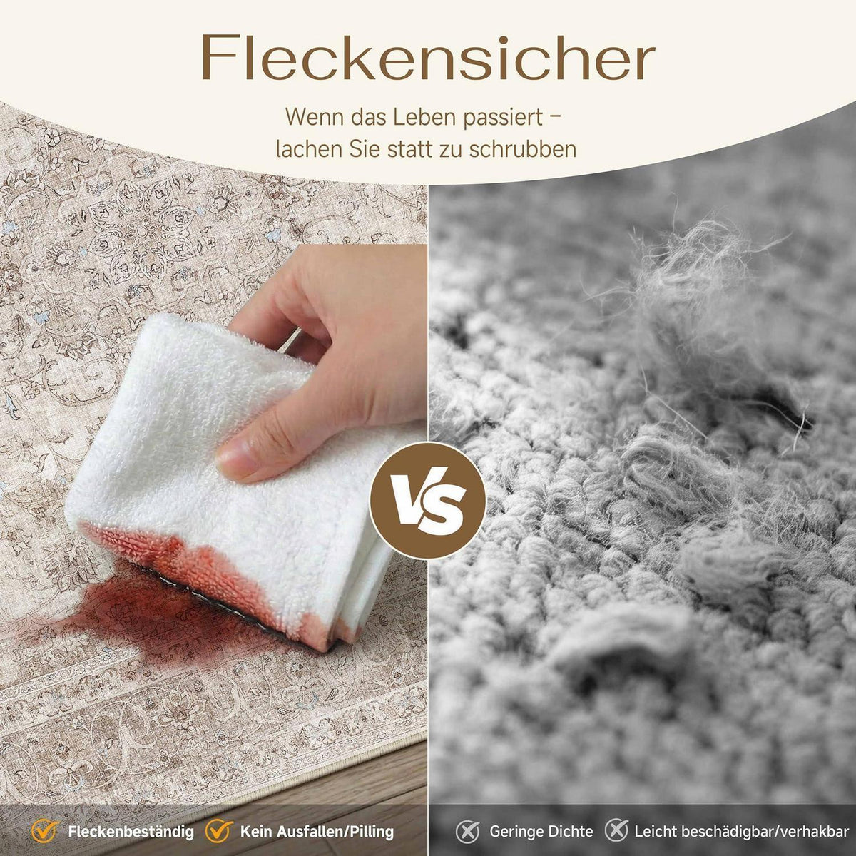 Waschbarer Wohnzimmerteppich Beige 200x300cm Vintage Kurzflor